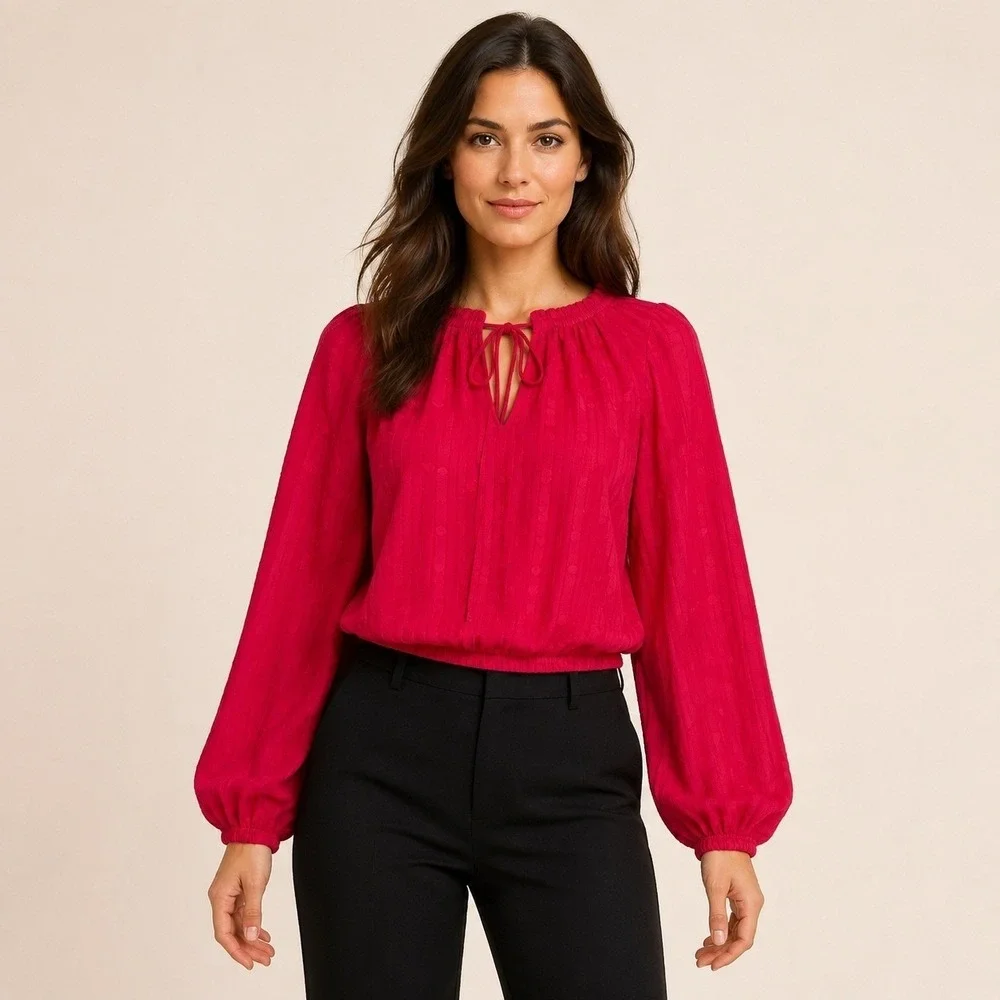 Michael Kors Deep Pink Clip Dot Blouse Long Sleeve Smocked Hem QT6410NL Womens M